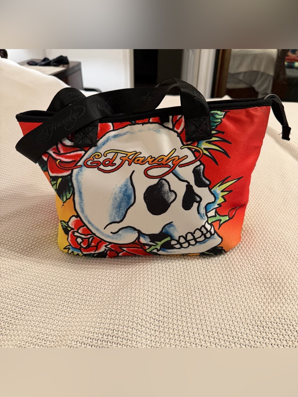 Ed Hardy Large Skull & Roses Tattoo Graphic Print Tote Zippered No Charm Y2K